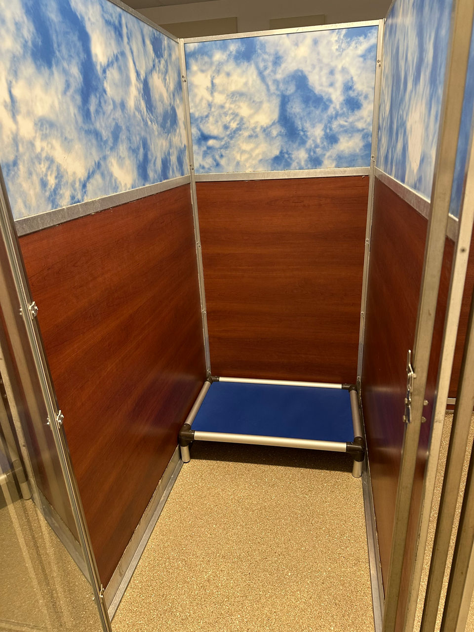 Yellow lab sleeping in brown dog bed.