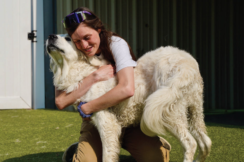 person hugging fluffy white dog
