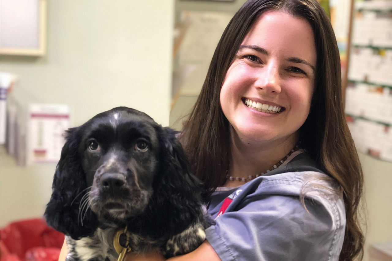 Staff holding dog