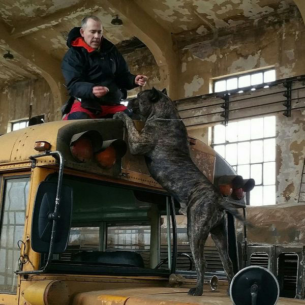 Trainer and dog on bus